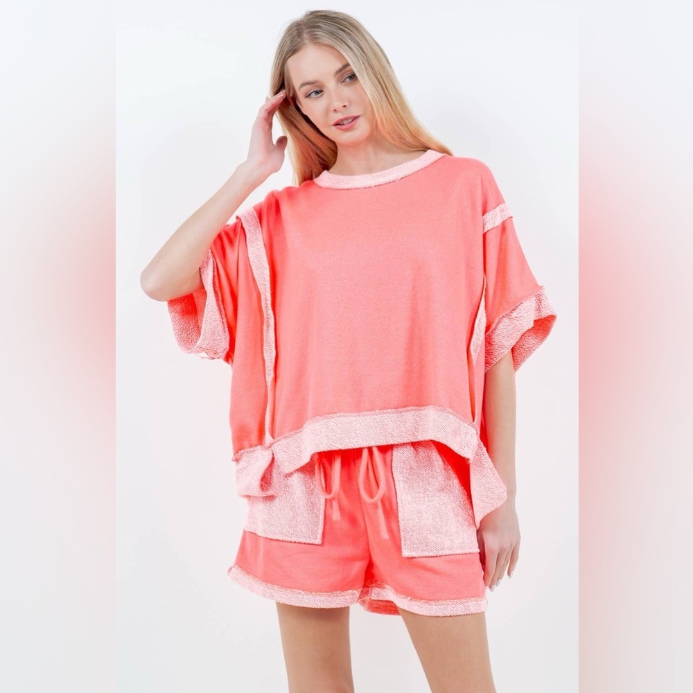 J Her Neon Pink Oversize Banded Top and LoopTerry Pocket Short Set